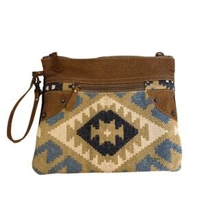 Myra Bag Leather Woven Cotton Canvas Aztec Wristlet Bag Boho Western Festival